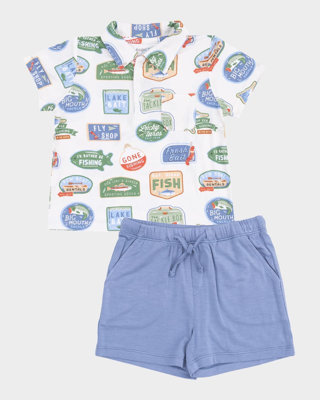 Boy's Bait Shop Signage Polo Shirt & Shorts Set, Size 6M-